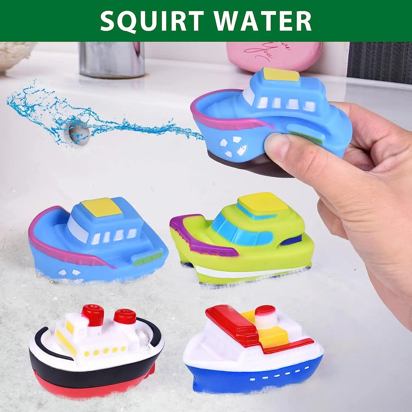 Safe and durable kids' bath toy set, including boats and cars, for interactive playtime