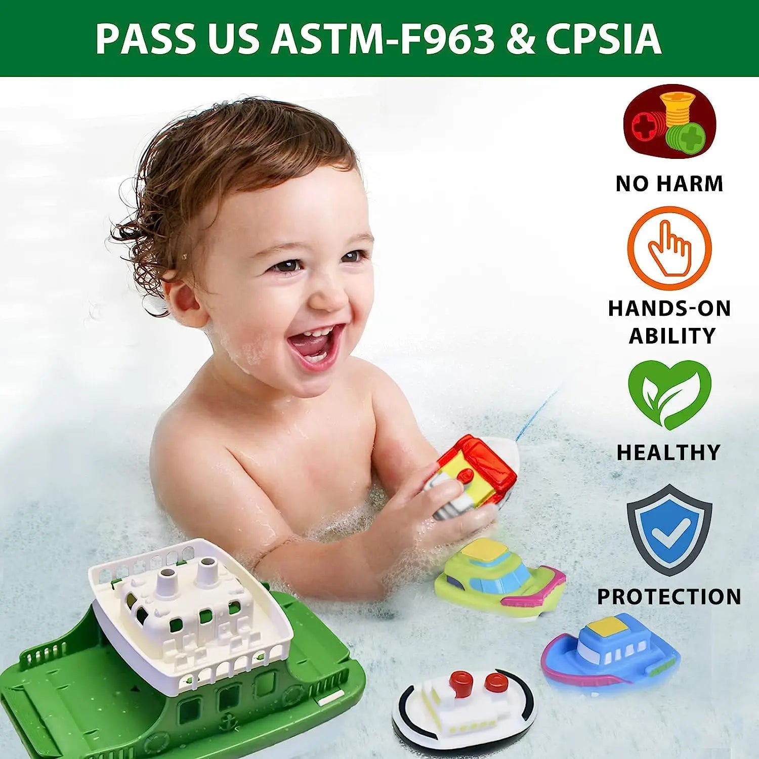 Assorted bath toys: floating boats and pull-back cars for engaging toddler water play