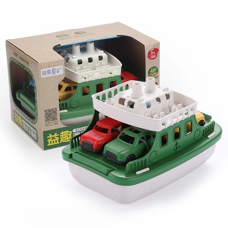 Children's interactive bath toy set with colorful boats and cars for fun in the tub