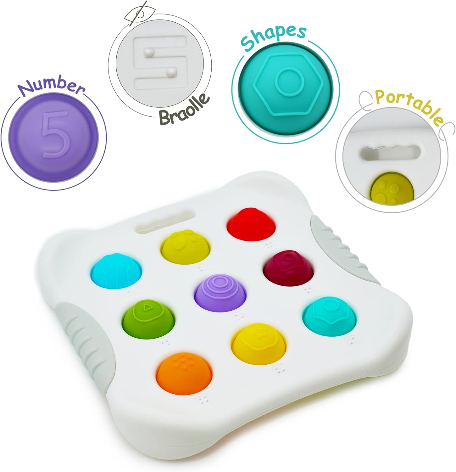 Child pressing bubbles on a rainbow-colored sensory fidget toy for stress relief and fun