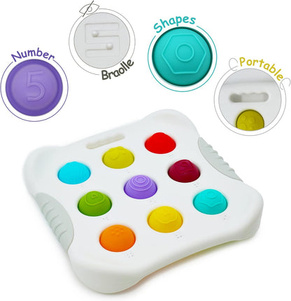 Child pressing bubbles on a rainbow-colored sensory fidget toy for stress relief and fun