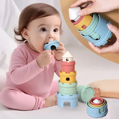 Colorful silicone stacking tower toy promoting toddler motor skills & creativity