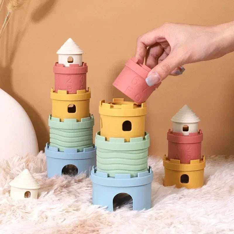 Educational baby stacking castle toy, soft silicone for safe infant playtime