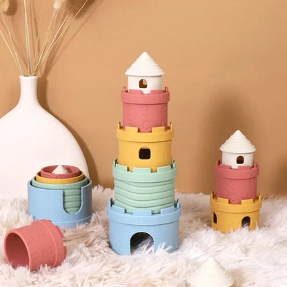 Infant educational stacking toy, soft silicone tower to develop motor skills