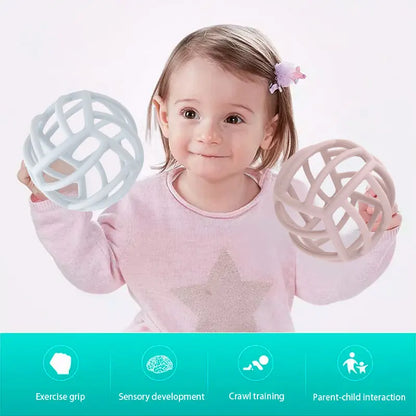 Soft silicone teether ball, essential baby toy for teething, gentle on baby's gums.