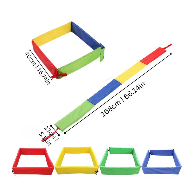 Child stepping on a red foam square, enhancing coordination with kids' active play toy.