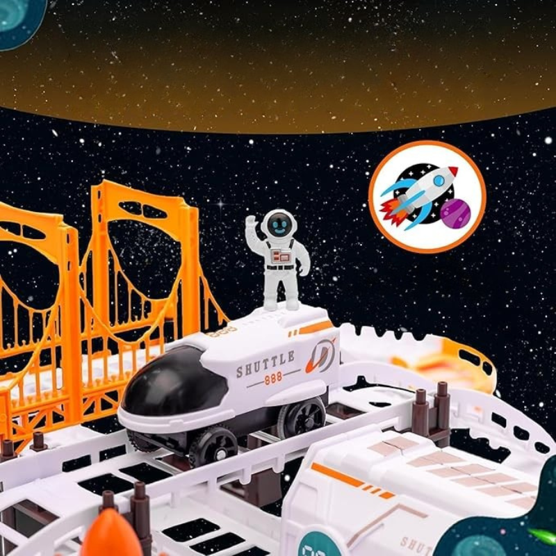 Colorful space-themed train track set for kids ages 3-5, promoting creative play & STEM learning.