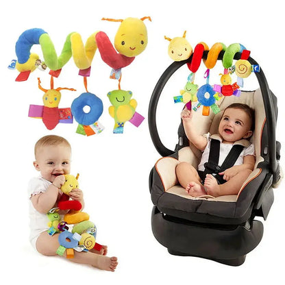Colorful spiral baby crib activity toy with plush elephant, lion, and monkey; ideal for sensory play.
