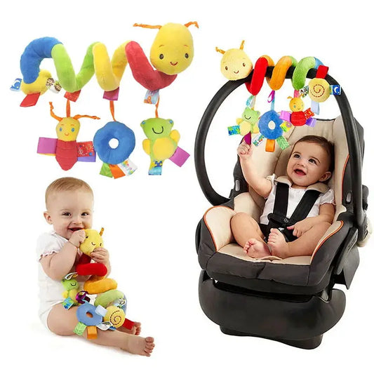 Colorful spiral baby crib activity toy with plush elephant, lion, and monkey; ideal for sensory play.