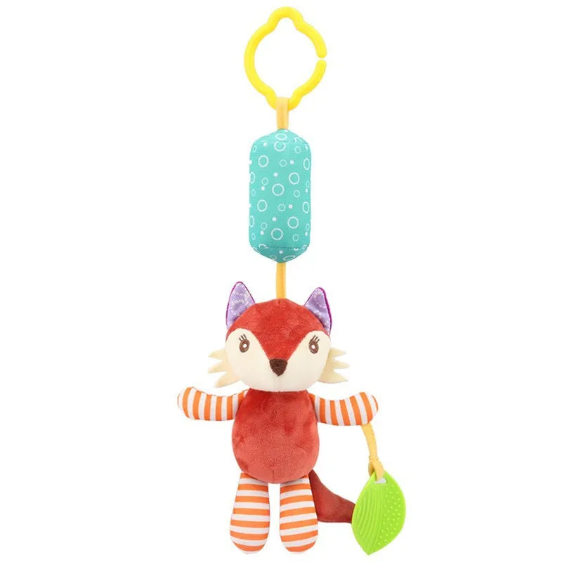 Vibrant spiral baby toy with soft plush elephant, lion, and monkey, designed to hang on cribs for sensory play.