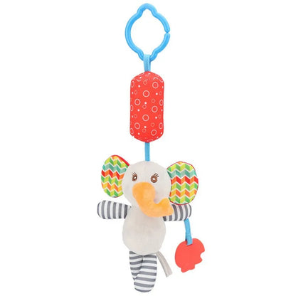 Multi-textured spiral crib toy for infants, featuring dangling plush animals for engaging tactile exploration.