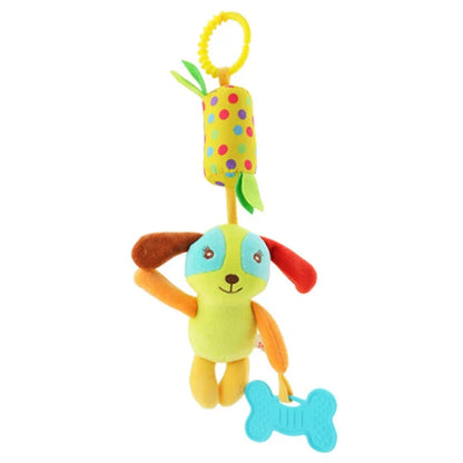 Plush animal spiral toy for babies, ideal for cribs and strollers, promotes sensory development with bright colors.