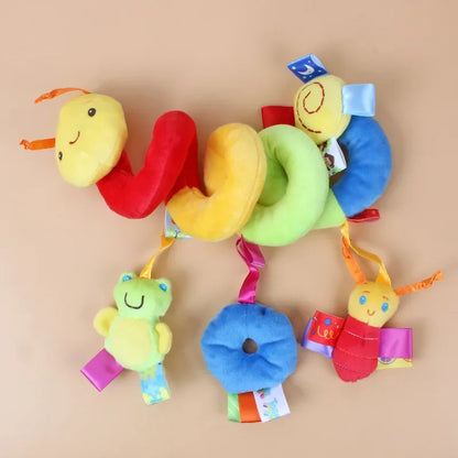 Plush spiral crib toy with dangling safari animals, perfect for sensory development and entertainment.