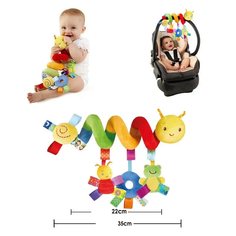 Baby stroller spiral activity toy in bright colors, designed to engage infants with soft textures and animal shapes.