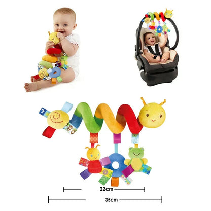 Baby stroller spiral activity toy in bright colors, designed to engage infants with soft textures and animal shapes.