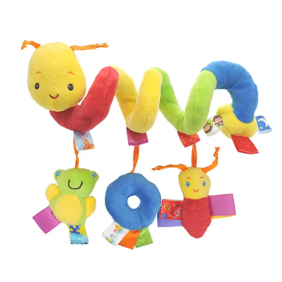 Infant spiral sensory toy for cribs, strollers, or car seats, featuring multiple colors and plush animal friends.