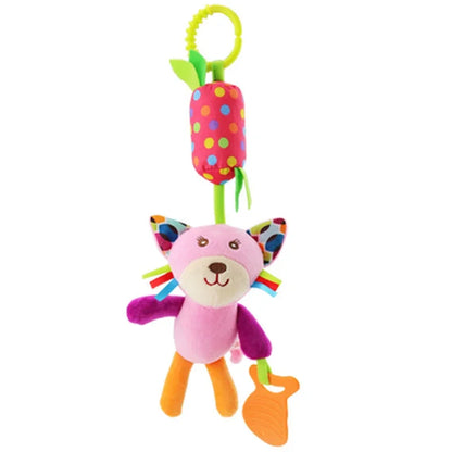 Brightly colored spiral activity toy for babies, featuring an elephant, lion, and monkey plush pendant.