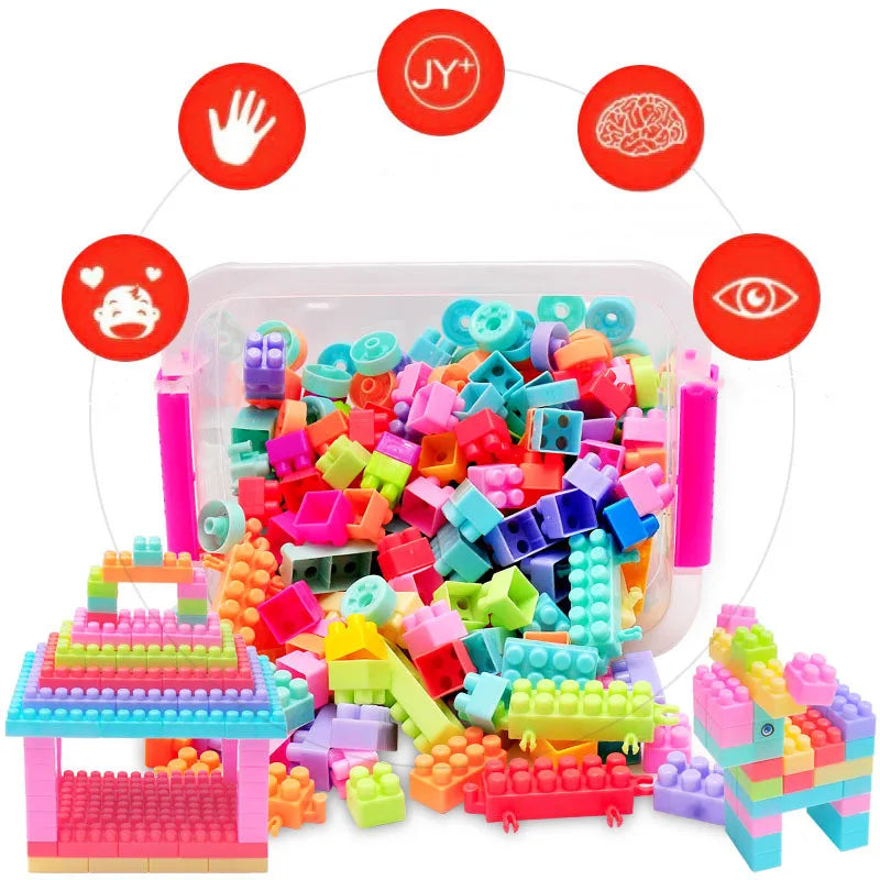 Children playing with interlocking STEM building blocks, developing fine motor skills and problem-solving