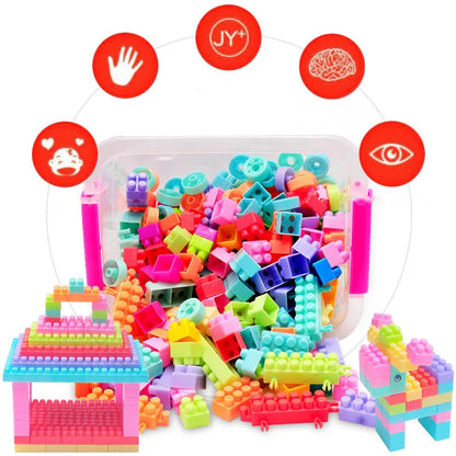 Children playing with interlocking STEM building blocks, developing fine motor skills and problem-solving