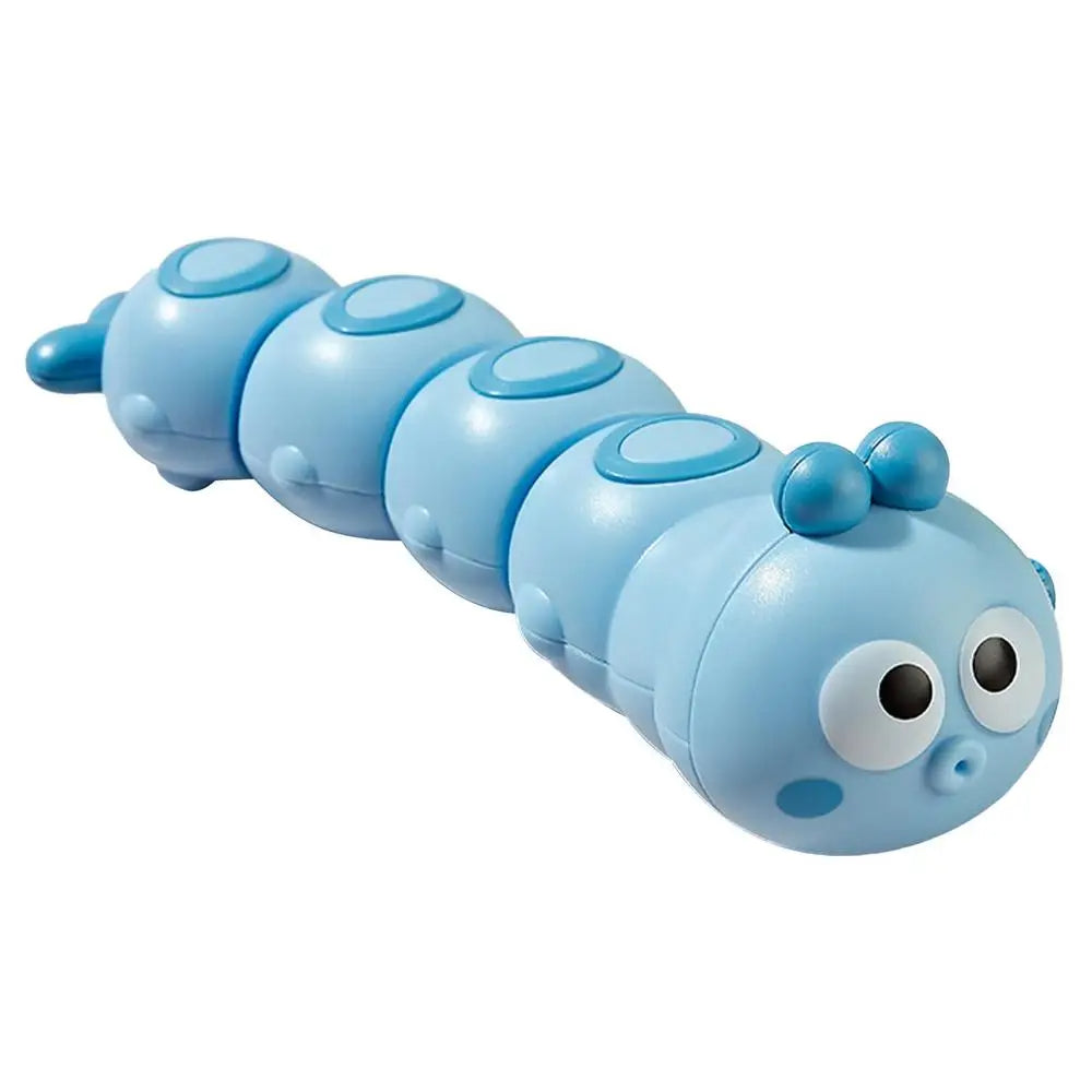 Top view of a crawling wind-up caterpillar toy, an engaging activity for babies and young toddlers.