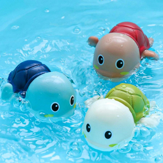 Colorful wind-up swimming bath toy for toddlers, durable marine-themed water play for kids.
