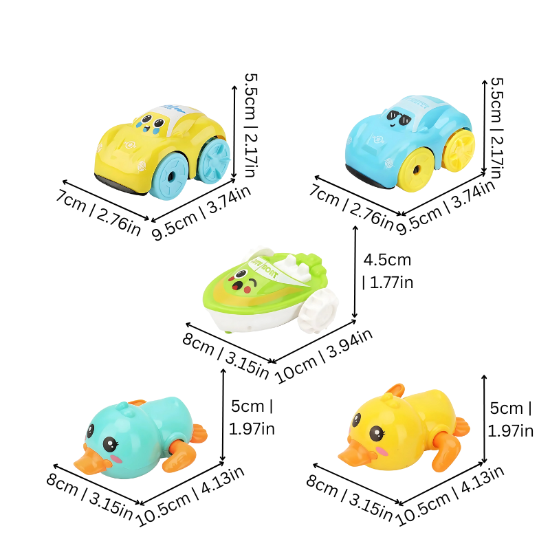 Set of vibrant crab and starfish wind-up bath toys, promoting toddler motor skills.