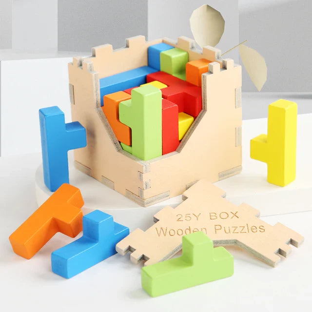 Assortment of wooden blocks for a 3D Tetris Cube Puzzle, ideal children's toy