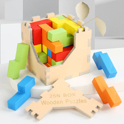 Completed wooden 3D Tetris Cube Puzzle showcasing its intricate design, puzzle game