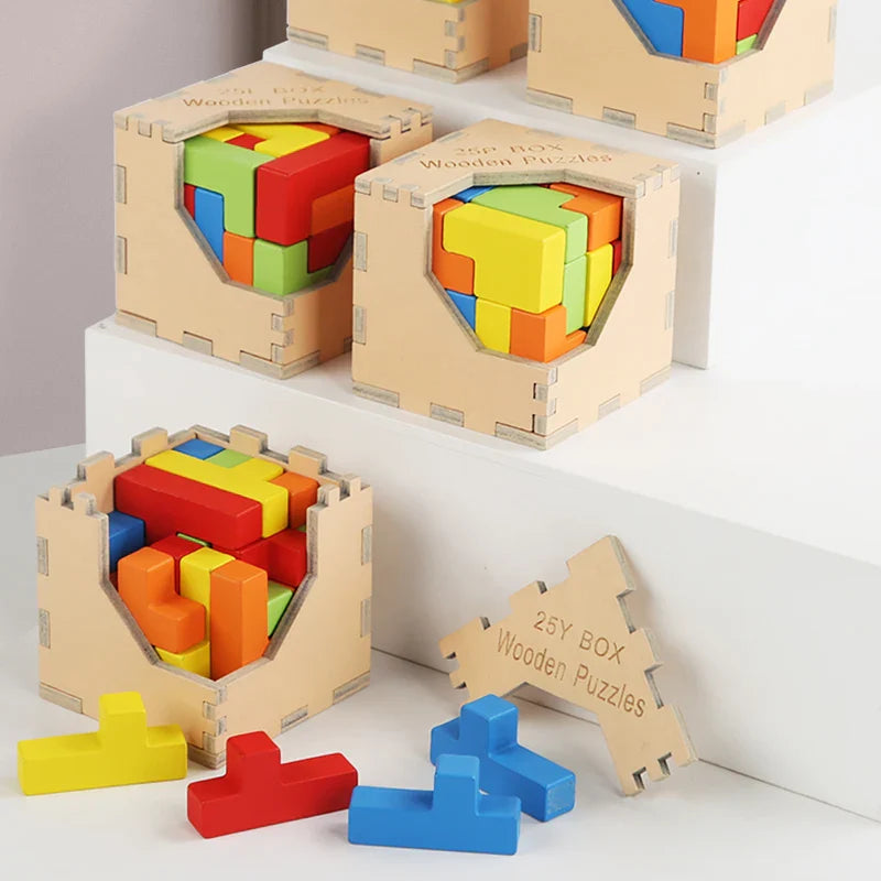Toddler assembling a wooden 3D Tetris Cube Puzzle, developing spatial awareness