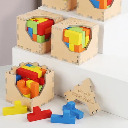 Toddler assembling a wooden 3D Tetris Cube Puzzle, developing spatial awareness