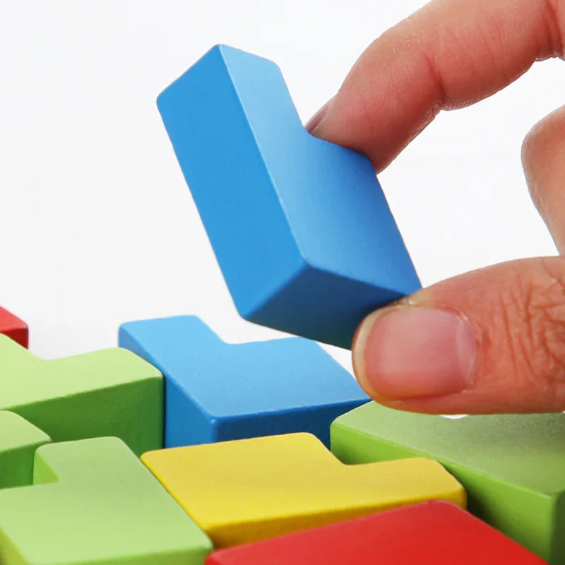 Close-up of a wooden piece from a 3D Tetris Cube Puzzle, perfect for brain development