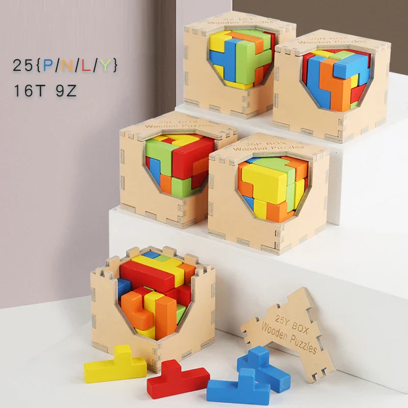 A child's hands grasping wooden blocks of a 3D Tetris Cube Puzzle, learning toy
