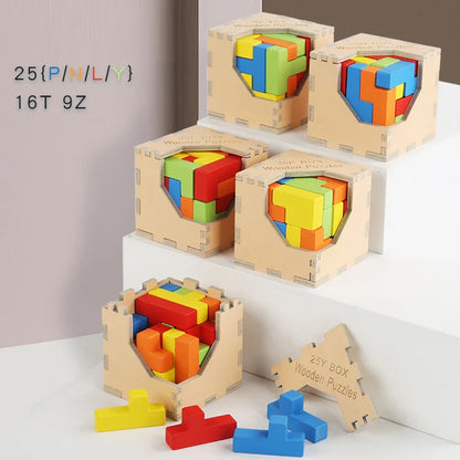A child's hands grasping wooden blocks of a 3D Tetris Cube Puzzle, learning toy