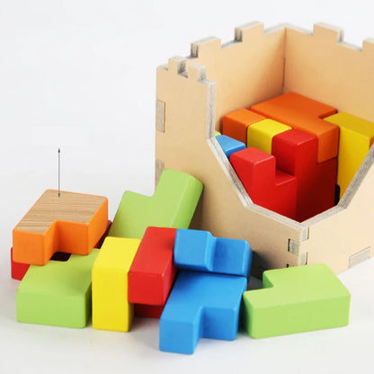 Educational wooden 3D Tetris Cube Puzzle with various shaped blocks, puzzle game
