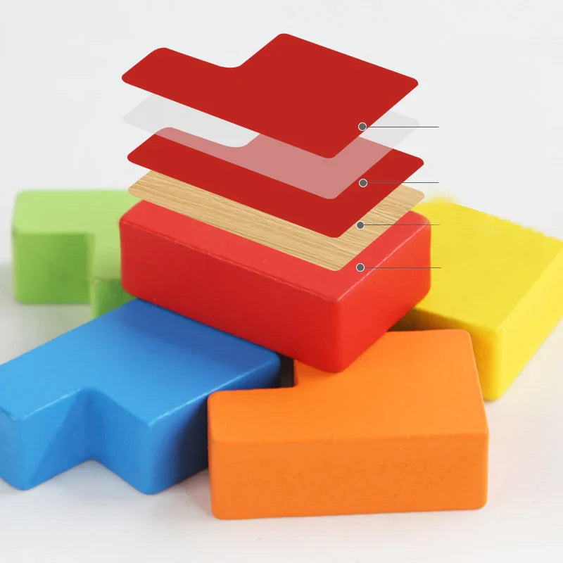 Stacked wooden pieces forming a 3D Tetris Cube Puzzle, promoting cognitive skills