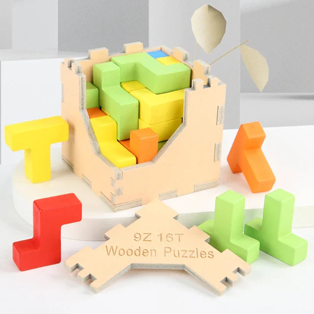 Children's wooden 3D Tetris Cube Puzzle in vibrant colors, an engaging learning toy