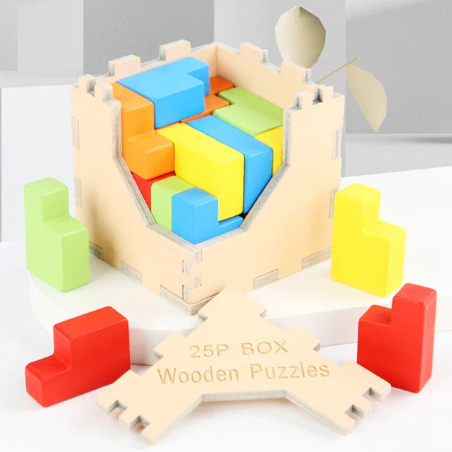 Overhead view of an unfinished wooden 3D Tetris Cube Puzzle, boosting spatial awareness