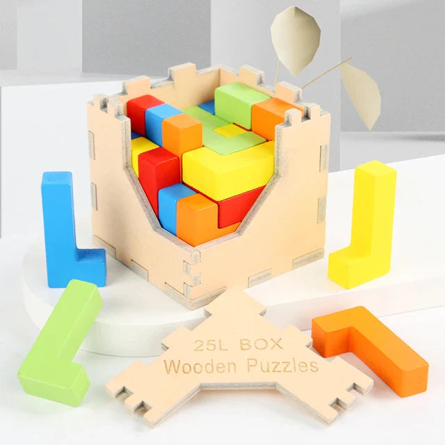 A happy child playing with a wooden 3D Tetris Cube Puzzle, educational brain development