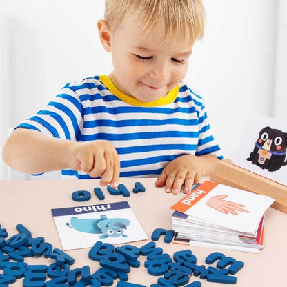 Colorful wooden alphabet puzzle for kids, spelling game with letters A-Z, Montessori educational toy