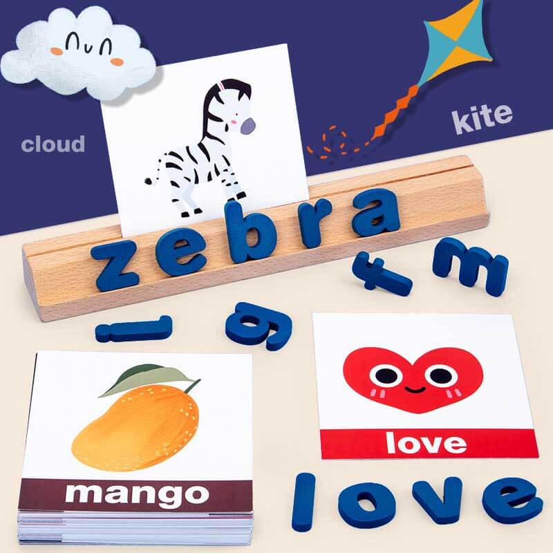 Close-up of child's hands playing with wooden alphabet blocks, early education spelling game