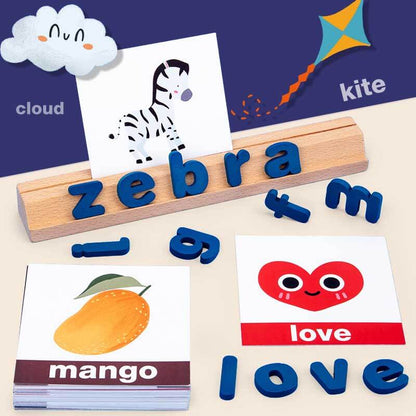 Close-up of child's hands playing with wooden alphabet blocks, early education spelling game