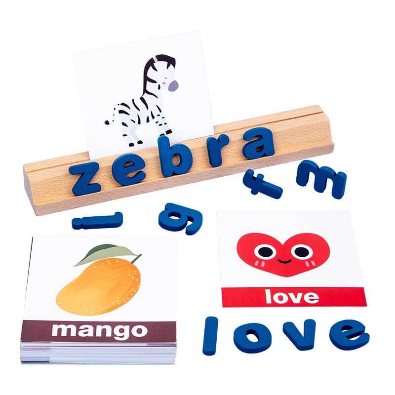Preschooler happily engaging with a wooden alphabet learning toy, improving spelling and letter recognition