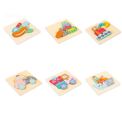 Close-up of child's hands playing with a chunky wooden jigsaw puzzle, ideal for skill development