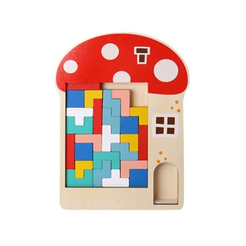 Close-up of a kids' educational wooden animal stacking game, showcasing vibrant colors and smooth shapes.
