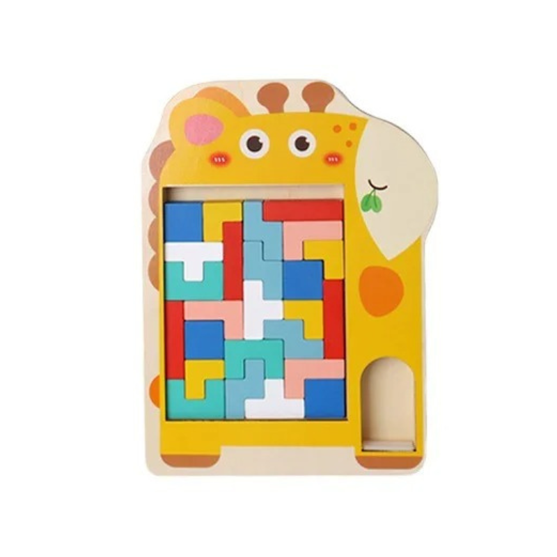 Child carefully stacking wooden animal blocks in an educational game, fostering problem-solving skills.