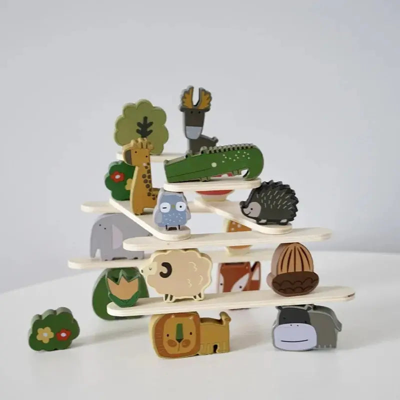 Colorful wooden animal stacking toy set for cognitive development and motor skills in toddlers, preschoolers.