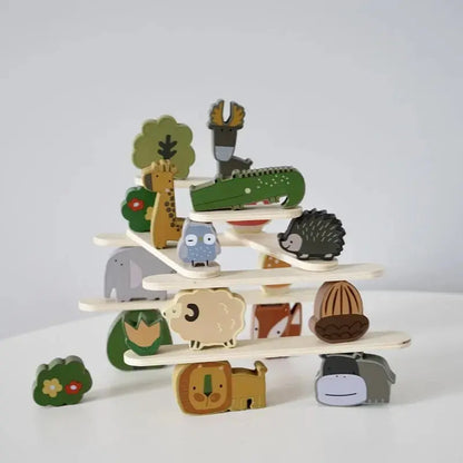 Colorful wooden animal stacking toy set for cognitive development and motor skills in toddlers, preschoolers.