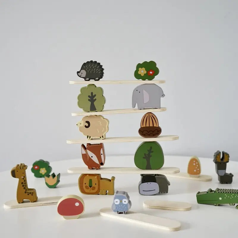 Preschool stacking toy with various wooden animal shapes, enhancing fine motor skills for young children.