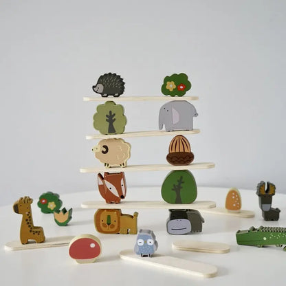Preschool stacking toy with various wooden animal shapes, enhancing fine motor skills for young children.