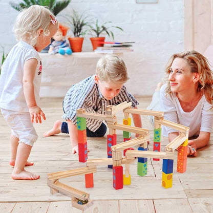 Colorful wooden ball track stacking blocks construction set for kids, enhancing fine motor skills